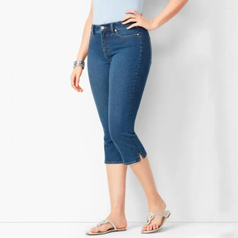 Kvinnors jeans sommarbyxor snygga beskurna med lutande färg smal passform i mitten av kalvlängden för pendelskola eller semesterkläder