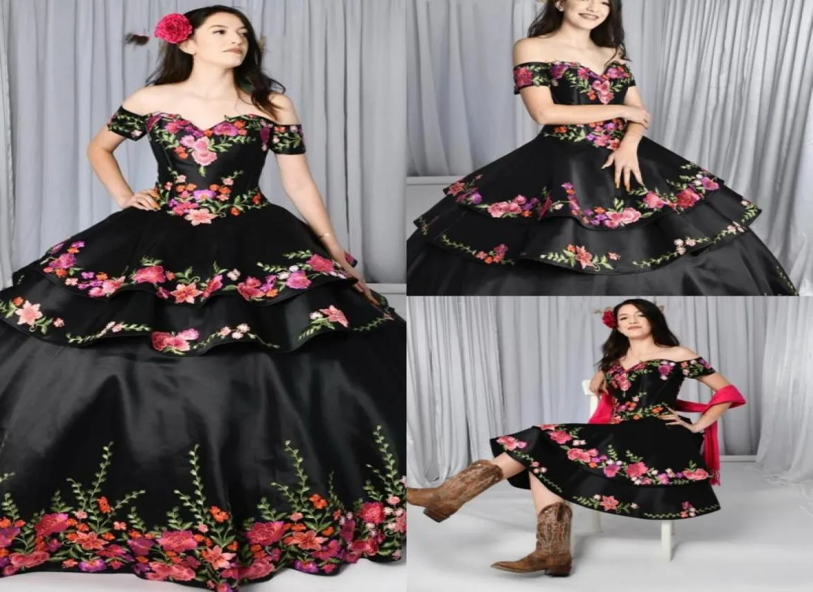 2022 Black Quinceanera Dresses Charro Löstagbar kjol Floral broderad av axeln Sweet 16 Dress Mexikansk tema plus storlek 9256255