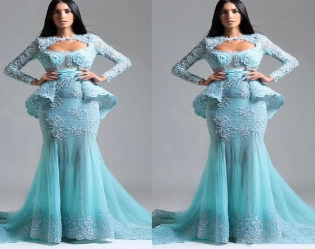 Saudiarabien långa ärmar prom klänningar ljusblå spetsapplikationer peplum aftonklänningar tyll sjöjungfru formell festklänning vestidos7997725