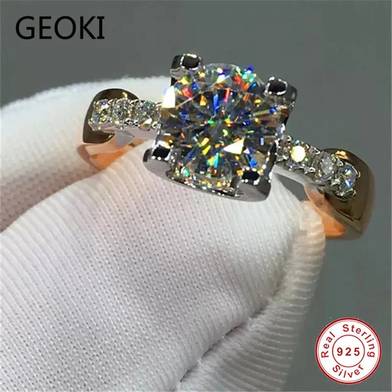 Geoki 18K Rose Gold Splated Perfect Cut Giamdań Test 1 CT D Kolor Pierścionka Weddła VVS1 925 Srebrna krowa Ring240412