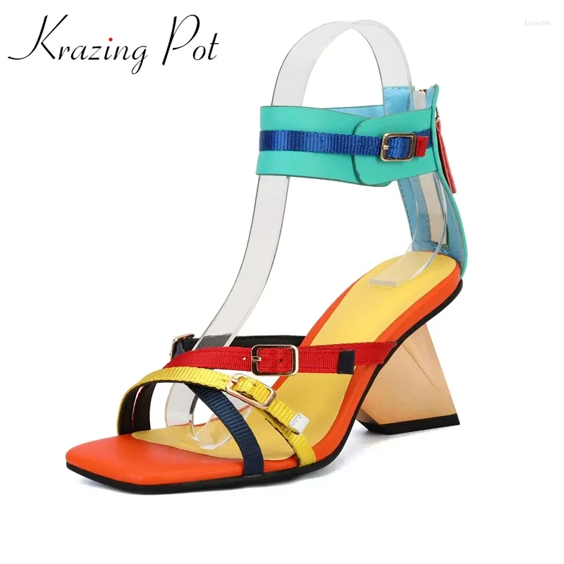 Kleiderschuhe Krazing Pot Special Design gemischte Farben Sommer Strange High Heel Young Lady Daily Wear Mode Elegante Frauen Sandalen L92