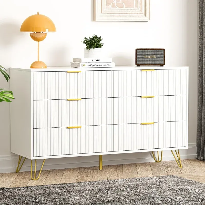 green emerald velvet dress Benjara 6 Drawer Wooden Dresser with Metal Hairpin Legs, White and Gold main image 1