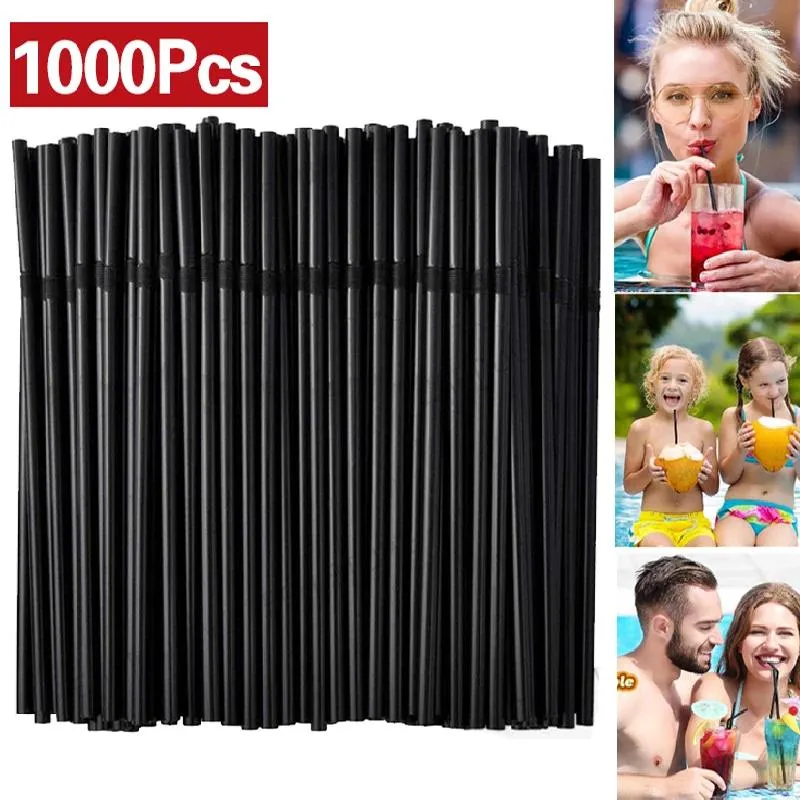 Engångskoppar halmar 1000 st svart plaststrå för bar bröllopsfest leveranser böjbara cocktail dricka kök tillbehör 21 cm