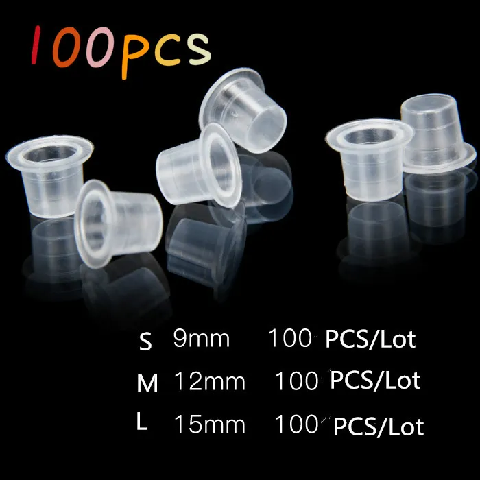 100 pcs Tattoo Tintenbecher Kappe Kunststoff Microblading Pigment Clear Holder Behälter S/m/l Größe für Nadelspitze Griff Stromversorgung