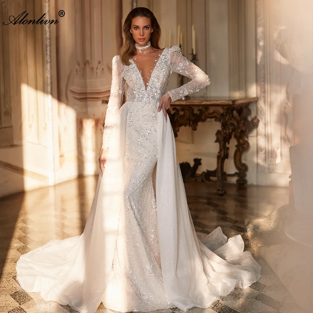 Sparkly Lace Sheer V-hals 2 in 1 zeemeermin trouwjurk PRACKEND KRANKENDE LANDEN LANDEN MET UITWIJZE SLEUDIGE SLEDIGE TULLE TRAIN VOLGENDE MOEVEN BACKLOOS TRUMPET BRUMPET BRIADAL JACHTEN