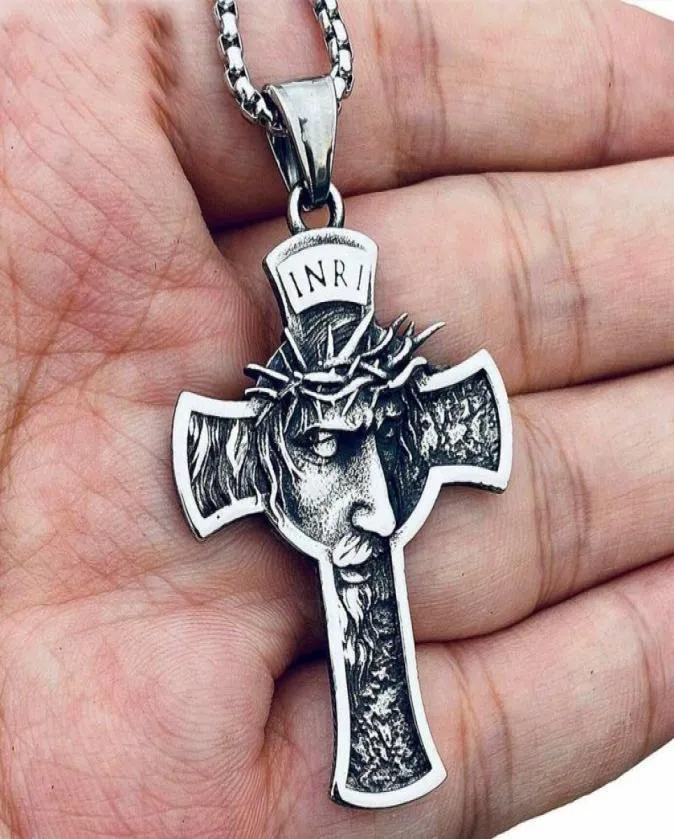 Pendanthalsband Kristus Jesus Crucifix Halsband Rostfritt stål Thorns Crown för män Kvinnor Religiösa smycken6951330