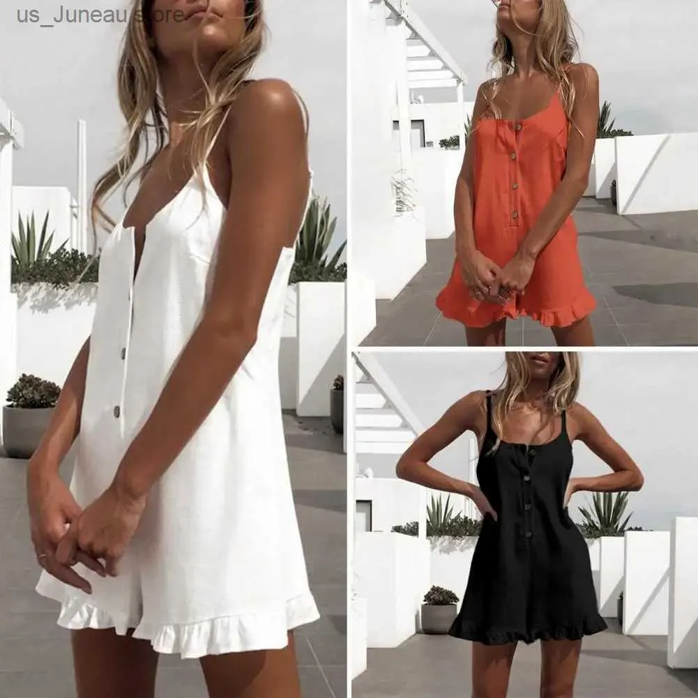 Jumpsuits femeninos Rompers de cuello bajo botón de color sólido Sling Playsuit Medio tapa de la trama ancho de la pierna el dobladillo de verano Mujeres T240412