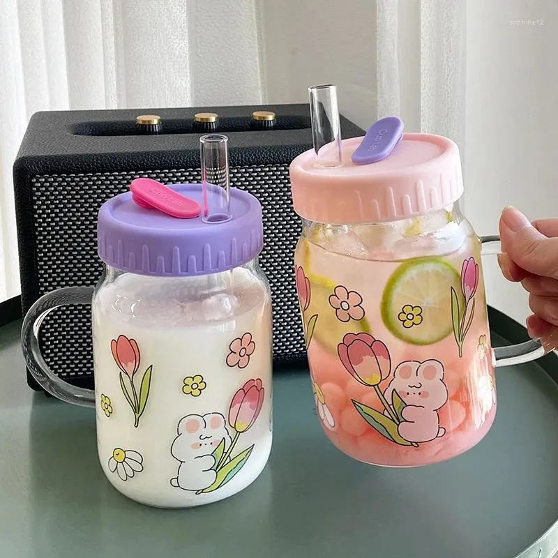 Wine Glasses Heat-resistant Glass Cup Cartoon High Appearance For Girls With Lid And Handle Thick Straw Portable Coffee