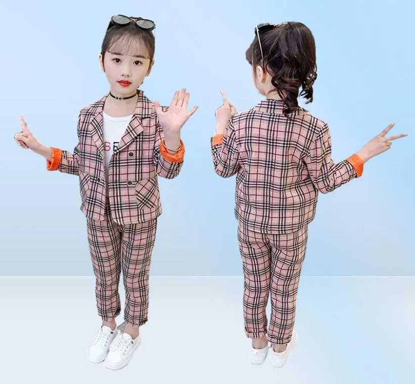 Kleidungsstücke Slim Fit Girls Formaler Hochzeitsanzug für Kinderjacke Hose Kinder 2pcs Plaid Teen School Blazer 4 6 8 Y1673169