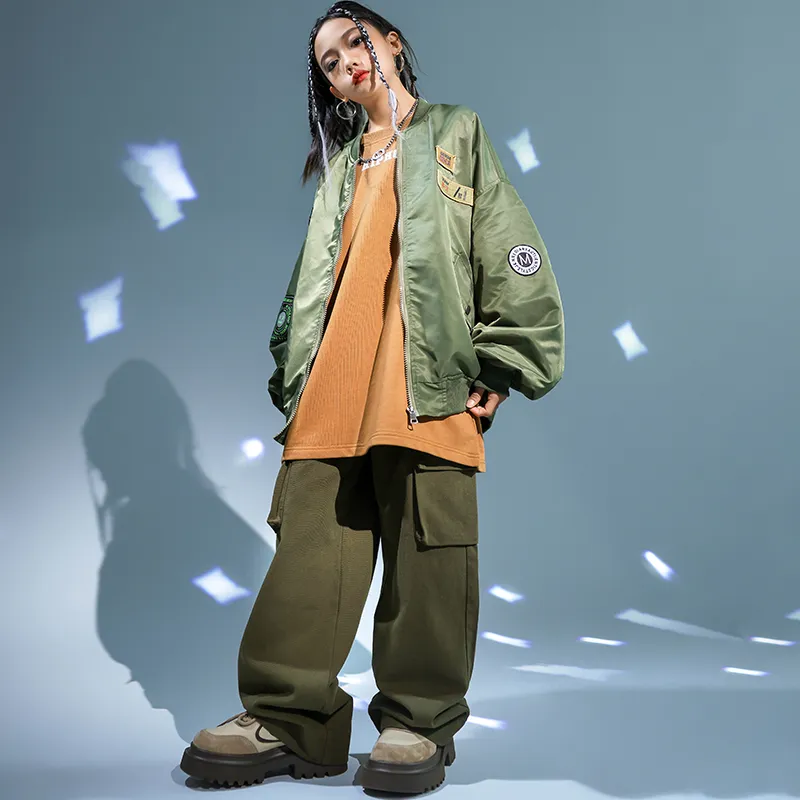 Green Rapper Clothes Green Oversized Hip Hop bomber jacket and Sweatshirt Set for Girls ...