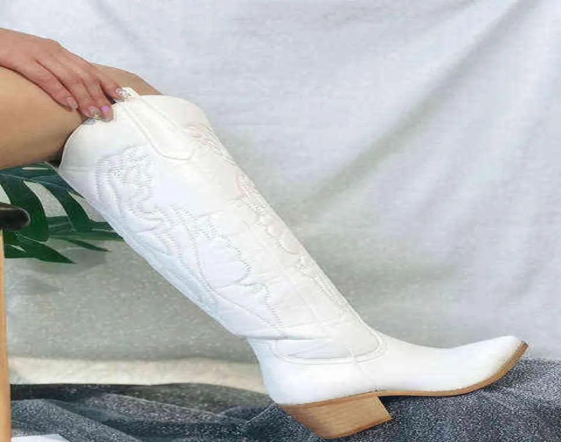 Cowboy Cowgirls Western Boots Autumn Winter White Knee High Women Big Size 41 Comfy Walking Stacked Heels Vintage Shoes J2208053185033