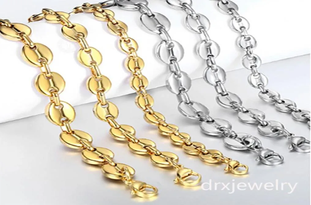 Men Woman 8MM 18K Gold Plated Stainless Steel Coffee Bean Oval Necklace Chain Marina Link Chain Bracelet Hip Hop Jewelry7929968