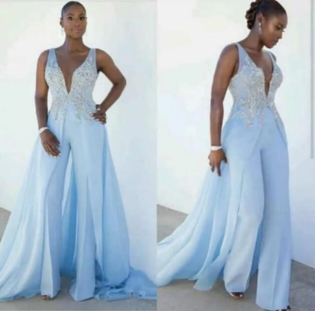 Sexy Zuid -Afrikaanse jumpsuits prom jurken 2022 vrouwen lichtblauwe riemen Appliques Long Train Formele feestjurk avondkleding Pant S7906574