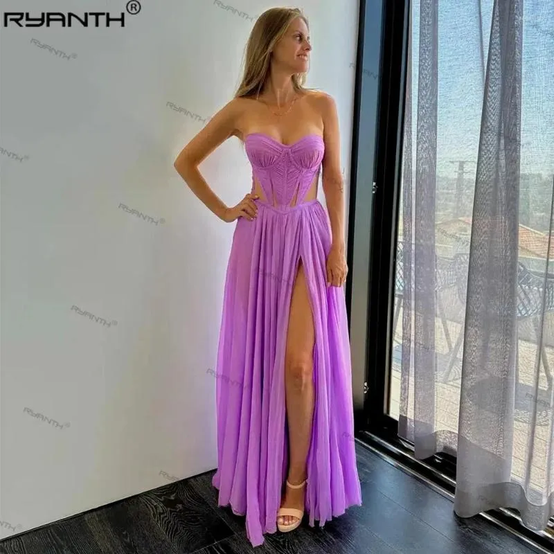 Abiti per feste Ryanth Lavender Prom per donne pieghettate Tulle Sweetheart Abiti sexy Long Side High Slip A Line Abito da sera