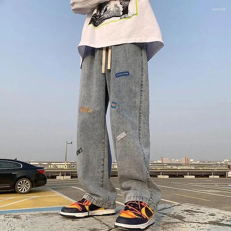 Men's Jeans Trousers Wide Leg With Print Straight Man Cowboy Pants Light Blue Harajuku Y 2k Vintage 2024 Trend In Stylish Xs