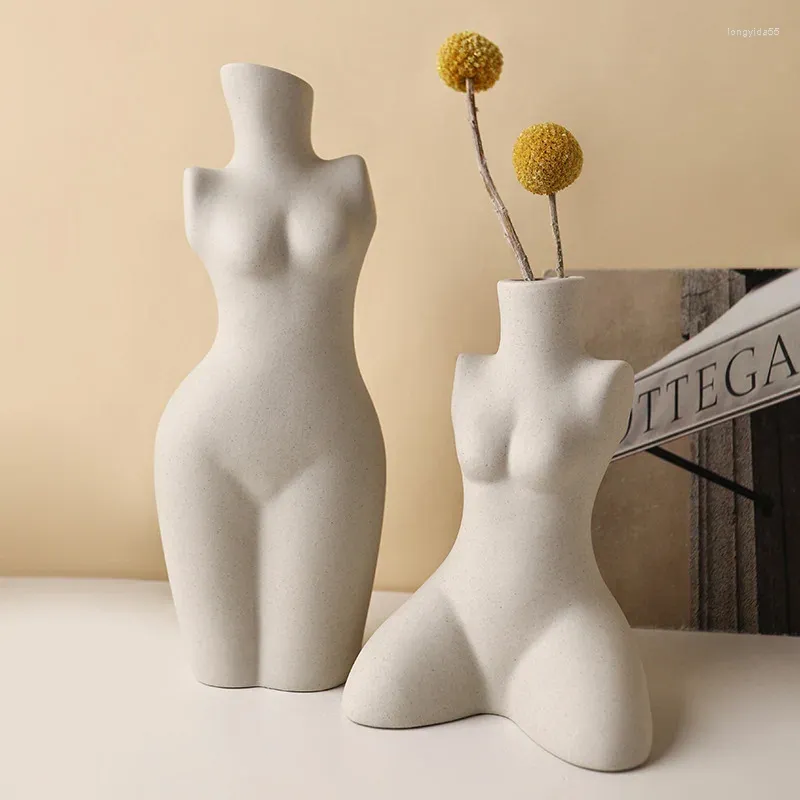 Vases Home Decoration Human Body Plastic Arts Vase Ceramic Sculpture White Flower Floreros Decorativos Moderno