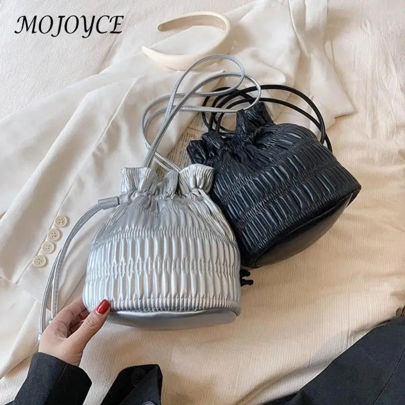 Shoulder Bags Pleated Trendy Handbag Women Bag PU Leather Messenger Drawstring Bucket Lightweight Sweet Crossbody