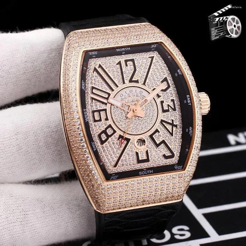 Armbanduhren Luxus Herren Automatische mechanische Uhr Roségold Diamanten Black Gummi Leder Sport Uhren