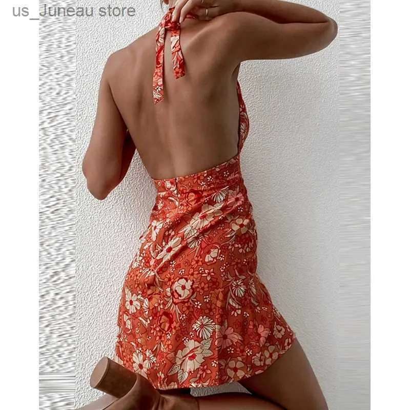 DHgate.com:Womens Summer Floral Print Halter Neck Mini Dress