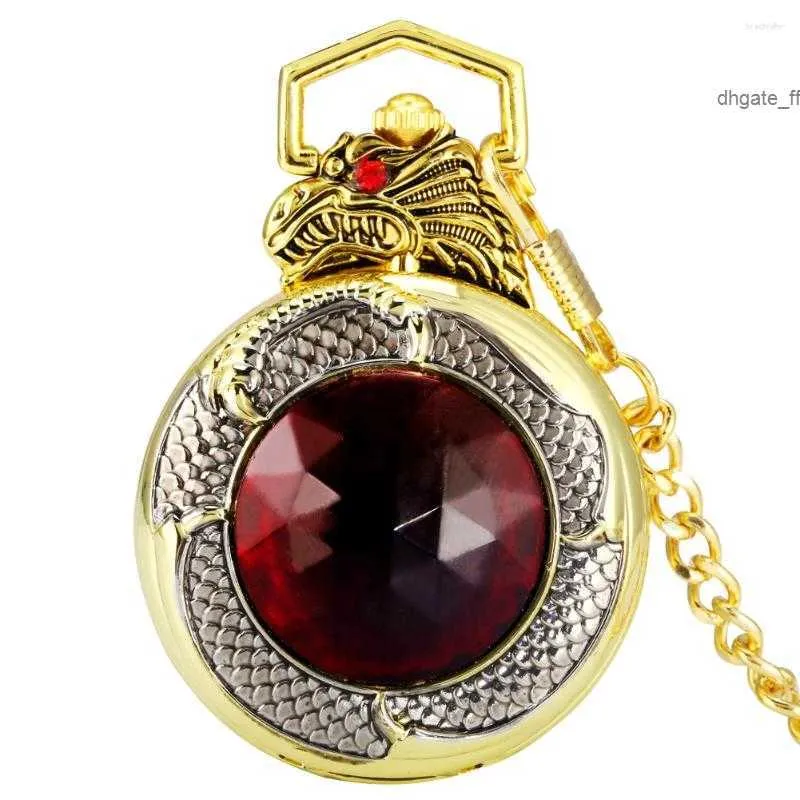 Pocket Watches Ruby Golden Dragon Cover Luxe Watch Gift Lady Black Arabische cijfers Quartz wijzerplaat hanger dikke ketting man kleine klok