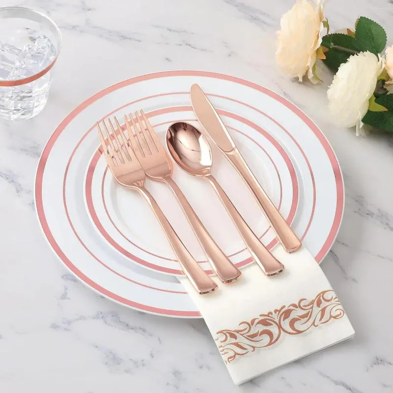 Wegwerpbedrijf 350 stuk roségouden set voor 50 gasten plastic borden feest inclusief diner dessert