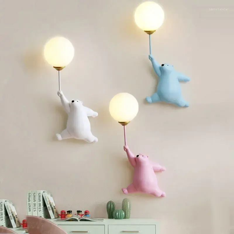 Wall Lamps Cartoon Balloon Bear Lamp For Children Room Kids Baby Bedroom Bedside Light With 3D Printing Moon Sconce Lighting