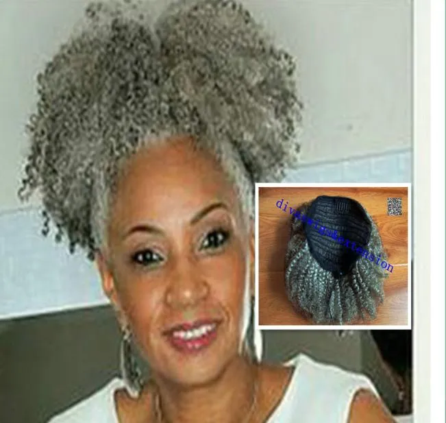 Echt haar grijs haar weef paardenstaart 4b 4c afro kinky krullende clip in grijze menselijke trekkoord paardenstaart haarverlenging voor zwarte vrouwen 125808734