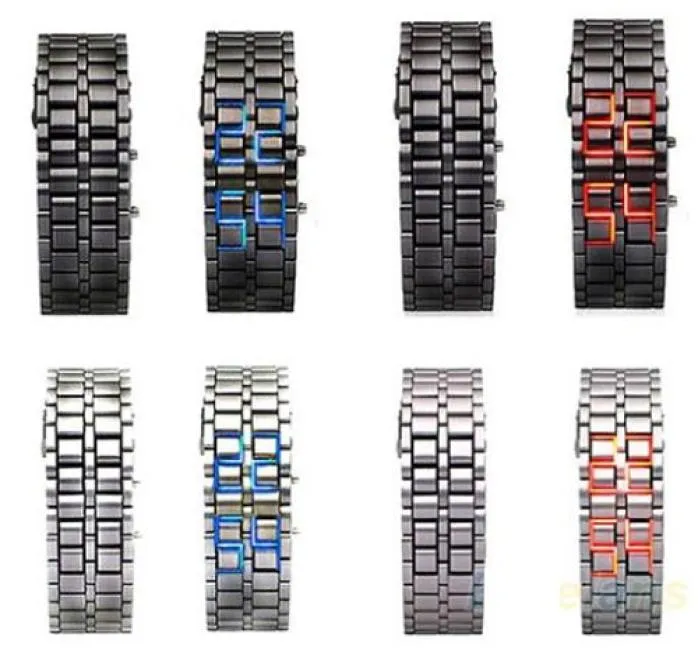 Special LED -klocka Fashion Lava Style Iron Faceless Red Blue Digital Watch Armband Binary LED -handledsur för Man Women Go6601499