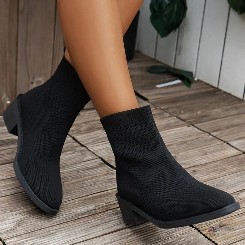 Women's Stretch Knit Pointed Toe Ankle Boots with Square Heels Black  Short Booties