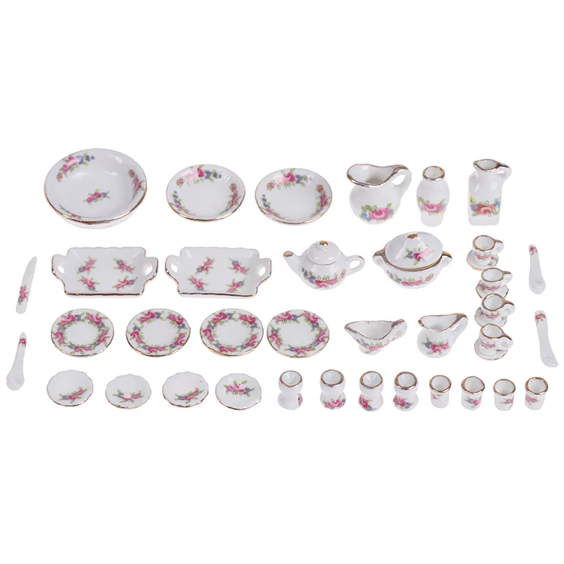 40pcs/set 1:12 Dollhouse en miniatura en miniatura de porcelana de porcelana té de té Copa de té