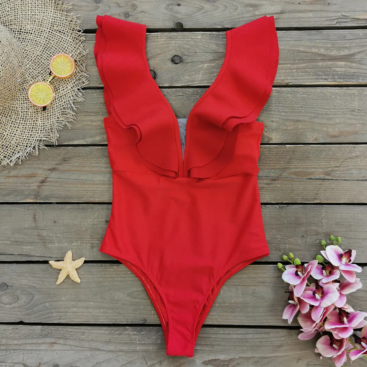 2024 Off Shoulder Ruffle One Piece Swimsuit For Women Deep V Push Up Swimming Suits For Women In Red Beachwear From Homepro7 24.72 DHgate.Com
