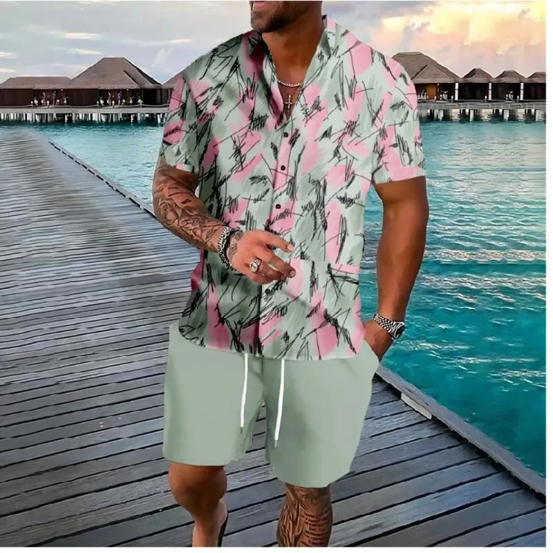 Мужские спортивные костюмы Гавайские кнопки для отдыха рубашки шорты цветные листья