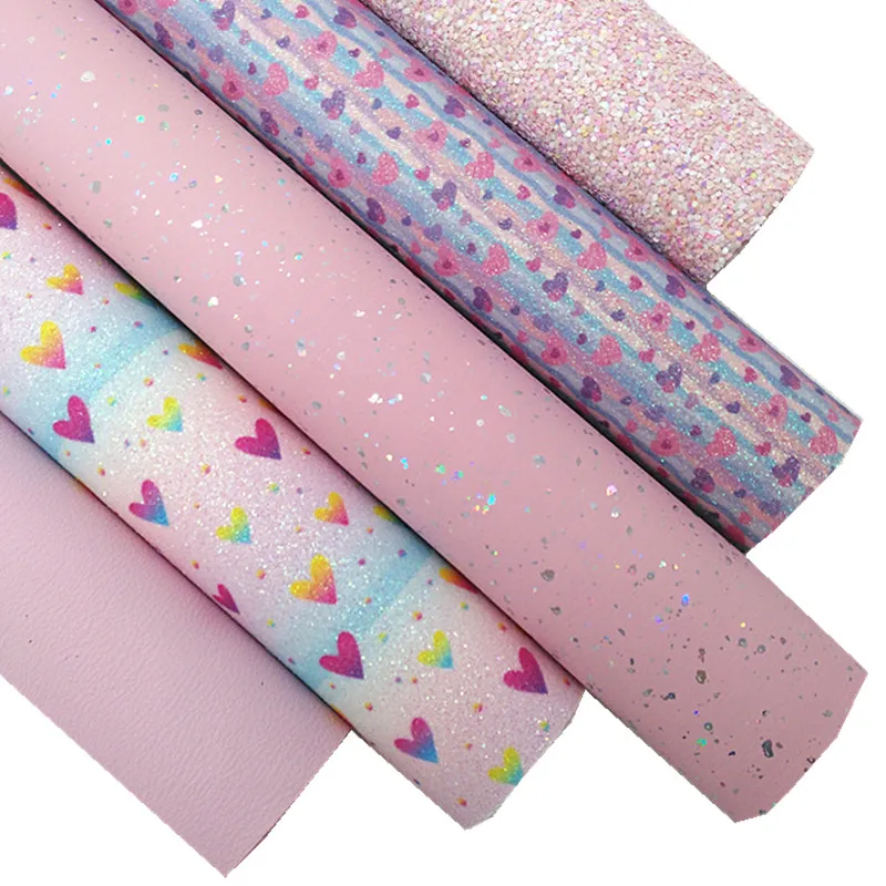 Pink Glitter Leather Sheets Iridescent Synthetic Leather Fabric Hearts Printed Shimmer Glitter för DIY Craft 8.2 "X11.4" SJ504