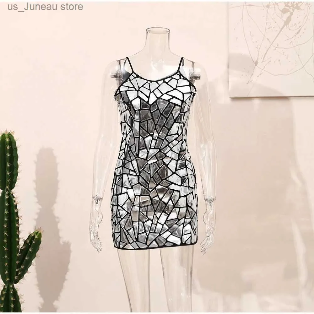 Basic Casual Dresses Sequin Dress Summer Women Slveless Sparkly Sexy Mini Dress Bodycon Dresses Mirror Glitter Party Evening Halter Dress 1 T240415