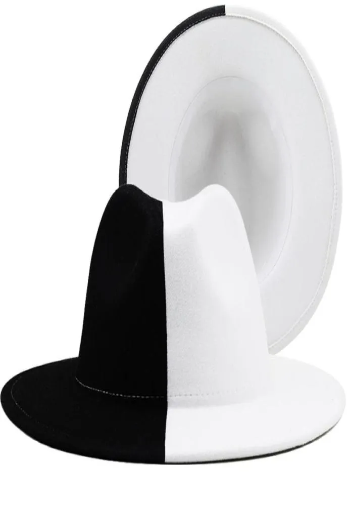 Svart vit lapptäcke ull filt jazz fedora hatt kvinnor unisex bred brim panama party trilby cowboy cap men gentleman bröllop hatt 227681020