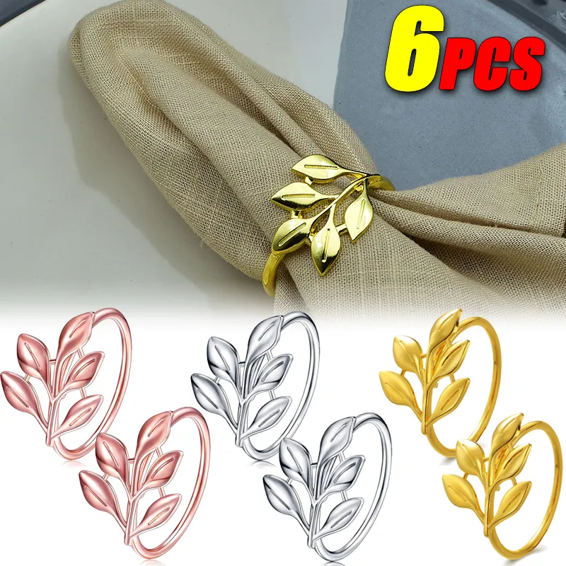 6pcs Napkin Rings Metal Autumn Leaf Dapkin Holder Wedding Gunsten Goud- en Silver Napkin Holder Party Table Decoratie