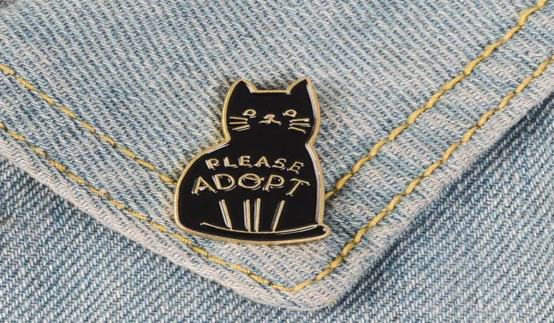 Black Enamel Cat Brooches Button Pins for clothes bag Please Adopt The Badge Of Cartoon Animal Jewelry Gift for friends C39140890