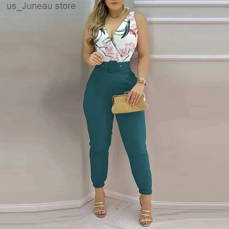 Grundläggande casual klänningar Sexig DP V-ringning Sleless Jumpsuit Women Casual Print Belt Slim One Piece Set Office Elegant Backless Pencil Palysuit Ladies 1 T240415