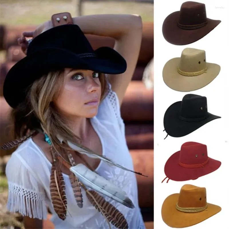 Berets Vintage Western Cowboy Hat Unisex Leather Leer Sunhat Wild Bim Panama Caps Men Women Outdoor Travel Cowgirl Sun Visor hoeden