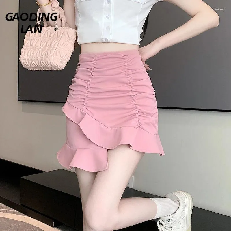 Skirts With Lining High Waist Flounce Summer Women Versatile Irregular Wrinkles Hip Wrap Skirt Slim Fit Pink Sexy Mini