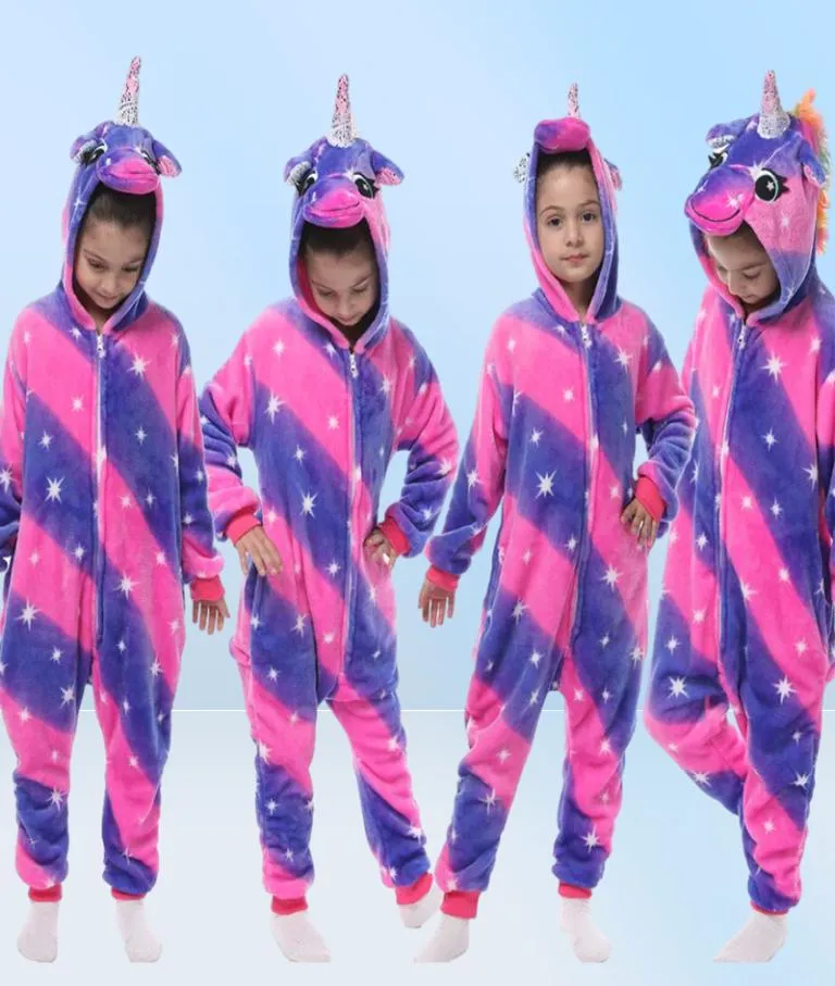 Vinterflanell mjuk varm enhörning kigurumi pyjamas huva djur tecknad pojkar pyjamas pajamas för flickor barn sömnkläder282v2129558
