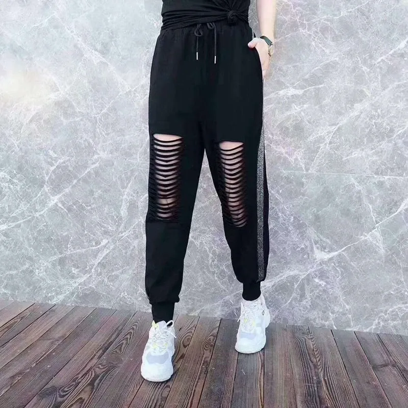 Pants Lady Wide Leg Hip Hop Pants Hollow Out Striped Fashion Leggings Casual Stretched Loose Straight Disco Pants