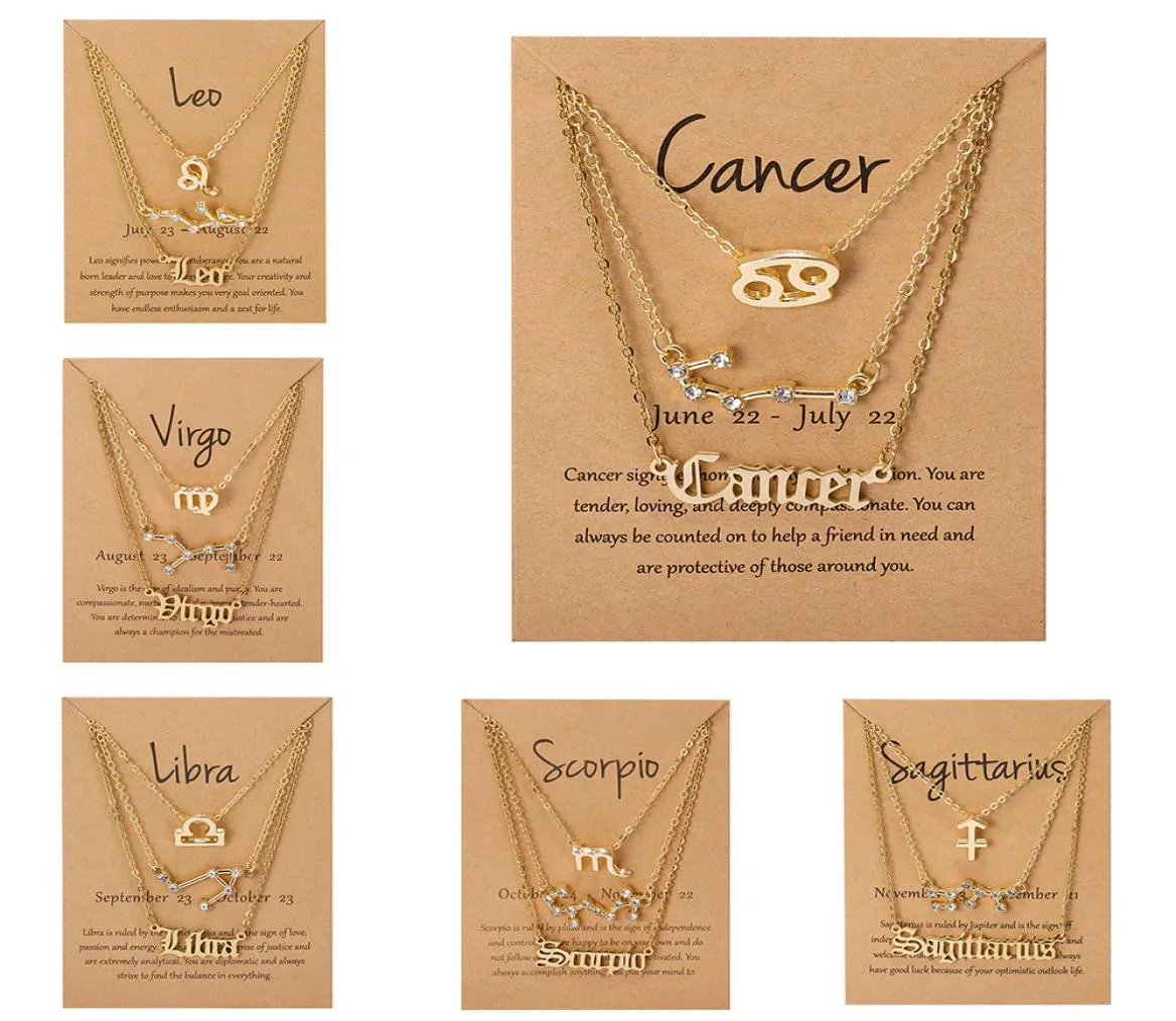 3PCSSet Cardboard Star Zodiac Sign Pendant 12 Constellations Charm Halsband Golden Crystal Aries Cancer Leo Necklace Women Jewel4907163