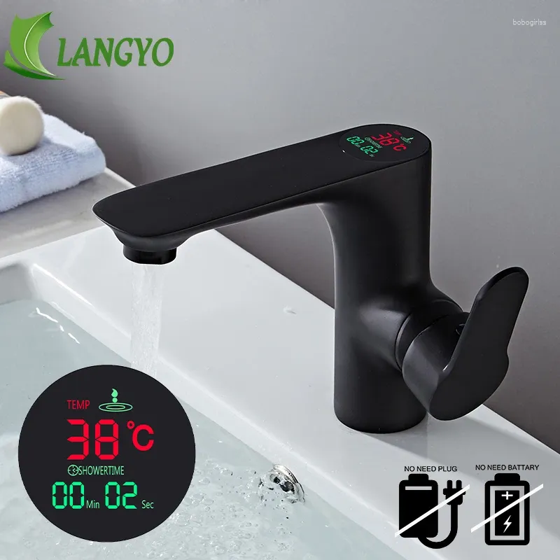 Zlew łazienki krany Langyo LED Digital Basin kran woda mikser mosiądz chromowany chromowany wyświetlacz Smart Tap B-3035