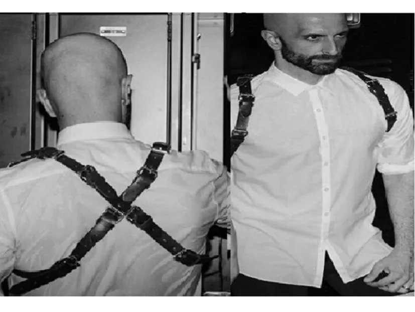 Fashionnew Rock Male Man Punk Vaux Leather Harness Pin Buckled Prochled Goth Handmade Handmade Bood Body Bondage حزام الصدر Men Harness3795830