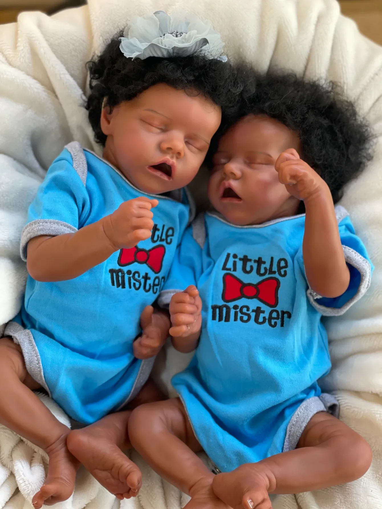 16 Inch Dark Skin Twins Reborn Baby Doll with Rooted Curly Hair