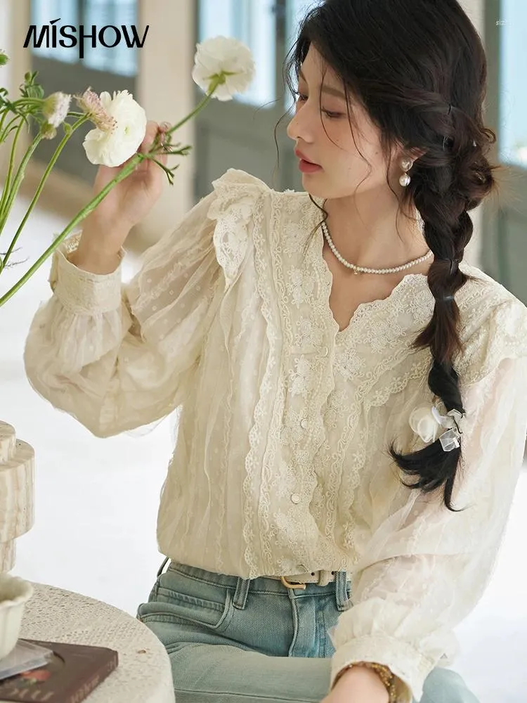 Blouses femininas Mishow French Vintage Lace Mesh Chiffon 2024 Bordado da primavera elegante manga de bolhas de bolhas de borda MXD12C0159