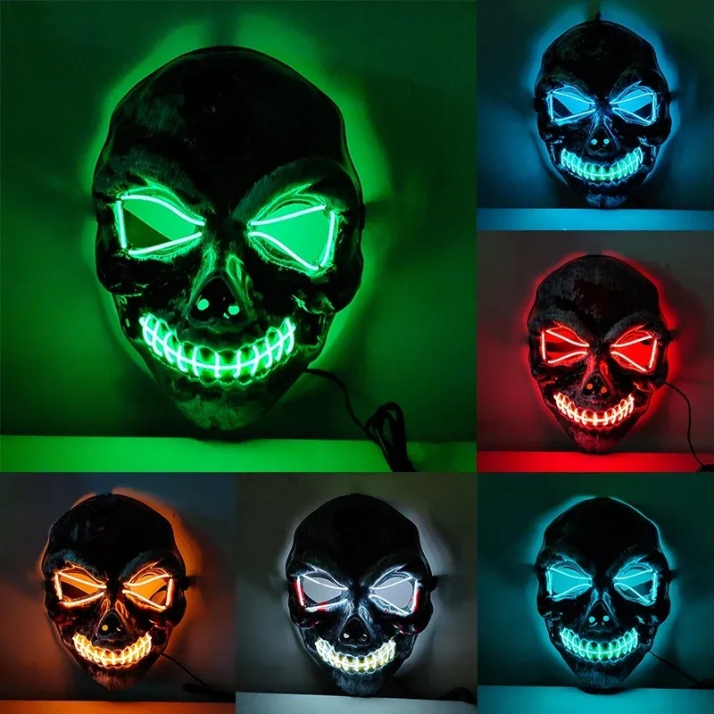 Masque LED Tête De Mort Pour Halloween - 3 Modes De Clignotement, Réglable, Lumière Froide EL Sans Danger - Pour Costume, Fête, Décoration Effrayante - 3
