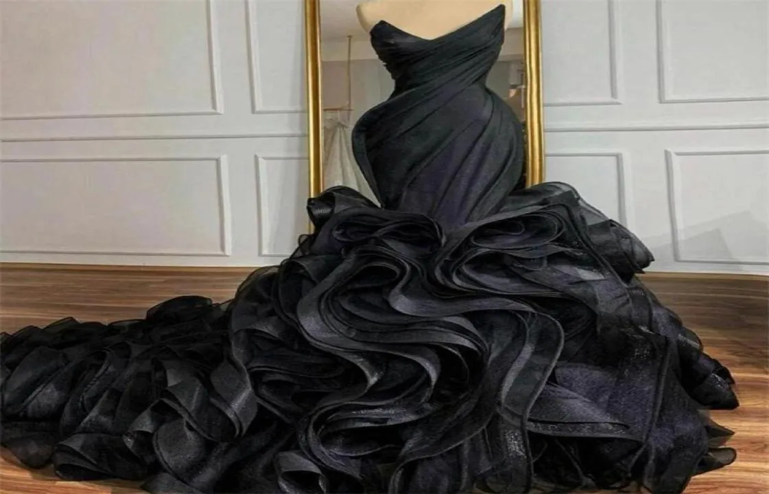 Gothic Black Ruffles Long Train Mermaid Dresses 2021 Sweetheart Real Image Plus Size Organza Bridal Party Gowns For Arabic Vestido5140022
