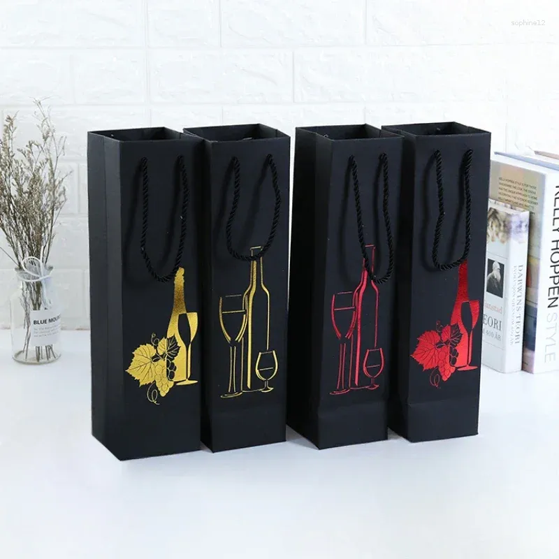 Wrap regalo 10 pezzi da vino rosso borsetta nera Stamping spessa bottiglia a bottiglia singola sacchetti di imballaggio portatile in scatola portatile